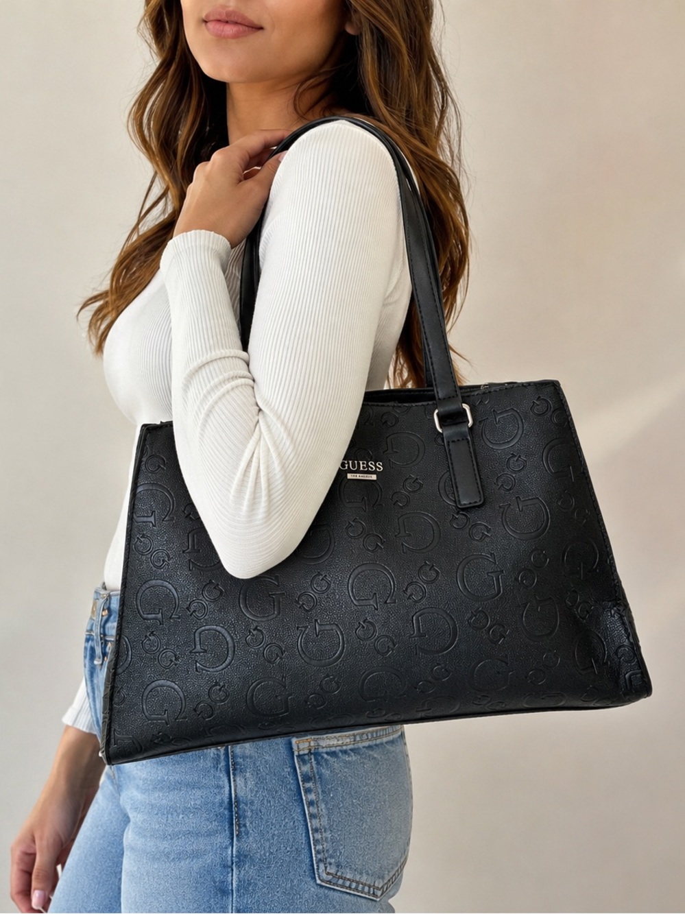 GUESS Black Embossed Logo Large Structured Tote Shoulder Bag